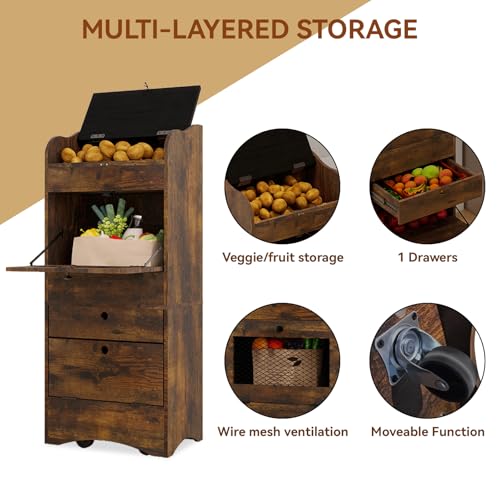 ARTETHYS Potato and Onion Storage Bin with Wheels Movable Bread Box with Lid Rustic Vegetable Organization Cabinet for Kitchen - Image 2