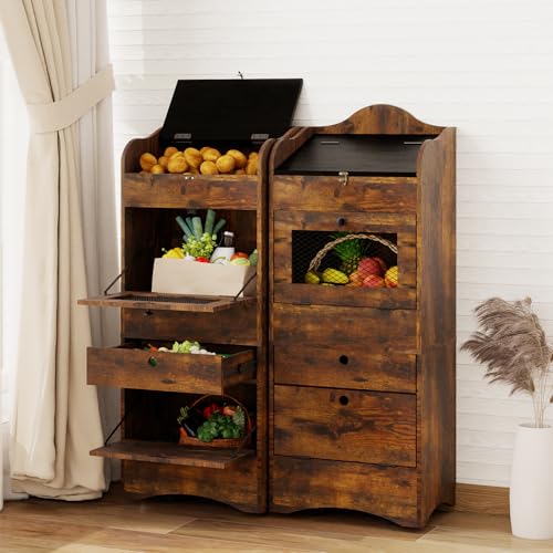 ARTETHYS Potato and Onion Storage Bin with Wheels Movable Bread Box with Lid Rustic Vegetable Organization Cabinet for Kitchen - Image 3