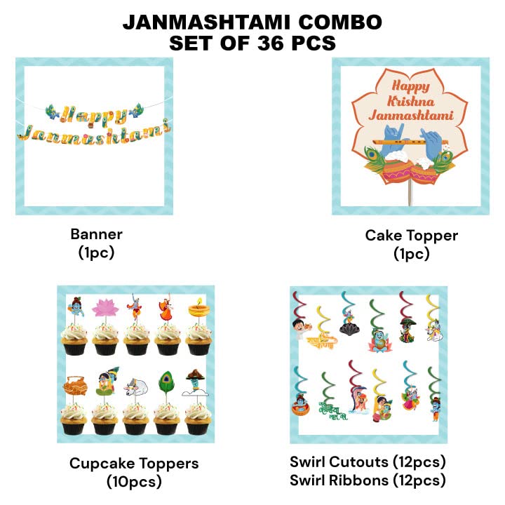 Festiko 36 Pcs Happy Janmashtami Festival Banner, Swirls with Cutouts, Cake & Cupcake Toppers, Combo Decoration Supplies,Janmashtami Celebration Supplies - Image 2