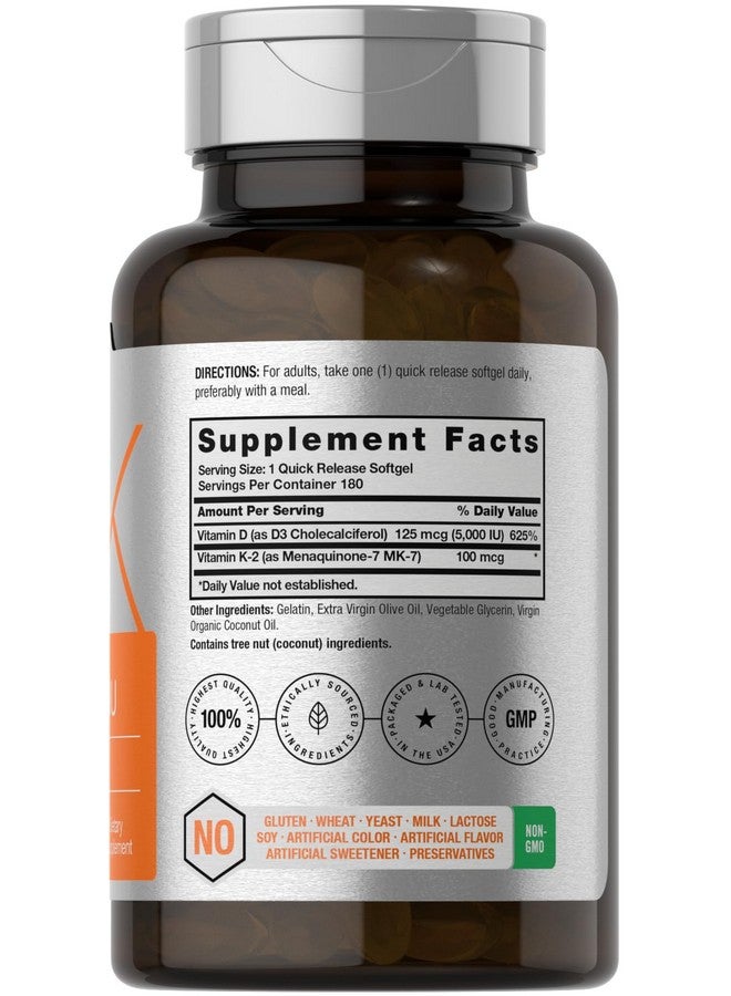 Horbaach Horbäach Vitamin D3 K2 | 5000iu of Vitamin D & 100mcg MK-7 Complex | 180 Softgel Capsules | Non-GMO & Gluten Free Supplement - Image 2