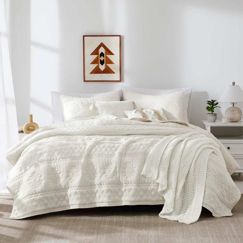 WDCOZY Boho Ivory Oversized California Cal King Size Quilt Bedding Sets with 2 Pillow Shams, Cream White Farmhouse Lightweight Soft Bedspread Coverlet for All Season, 3 Pieces - Image 1