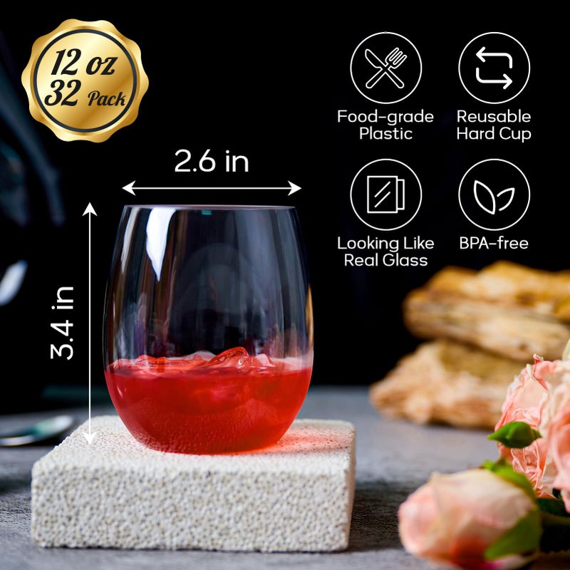 FOCUSLINE 32 Pack Plastic Wine Glasses Stemless, 12 Oz Crystal Clear Disposable Wine Cups, Reusable Plastic Wine Glasses for Parties Weddings, Shatterproof Recyclable and BPA-Free - Image 2