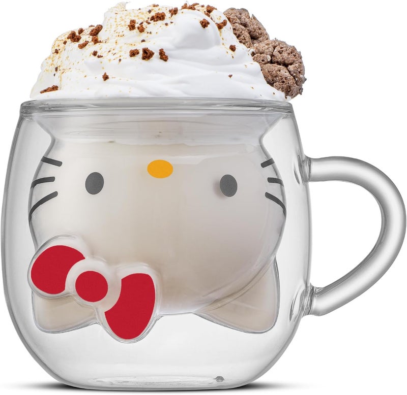JoyJolt Hello Kitty 3D Espresso Cup 55 oz Double Wall Glass Cup with 3D Design Insulated Espresso Shot Glass Kawaii Sanrio Cup for Double Shot Coffee or Tea Hello Kitty Kitchen Stuff - Image 1