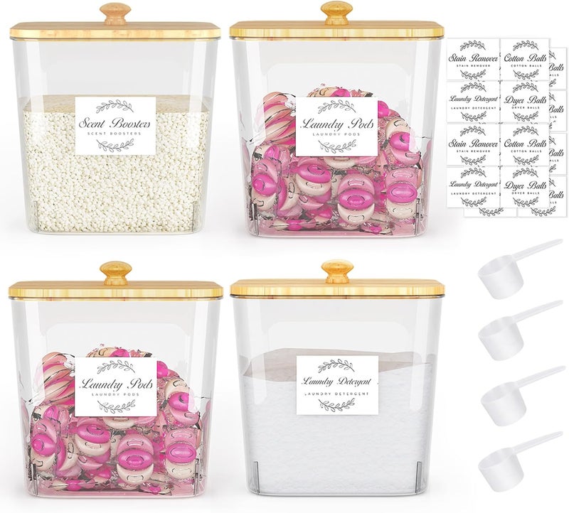 Vincona Laundry Room Organization and Storage, Laundry Pods Container with Bamboo Lids and Labels, Laundry Organizer with Scoops for Booster Beads, Powder, Pods, 4Pack - Image 1
