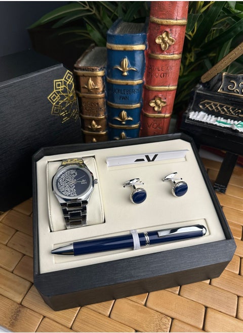 A set of men’s gift watches with a blue dials adorned with Arabic letters.