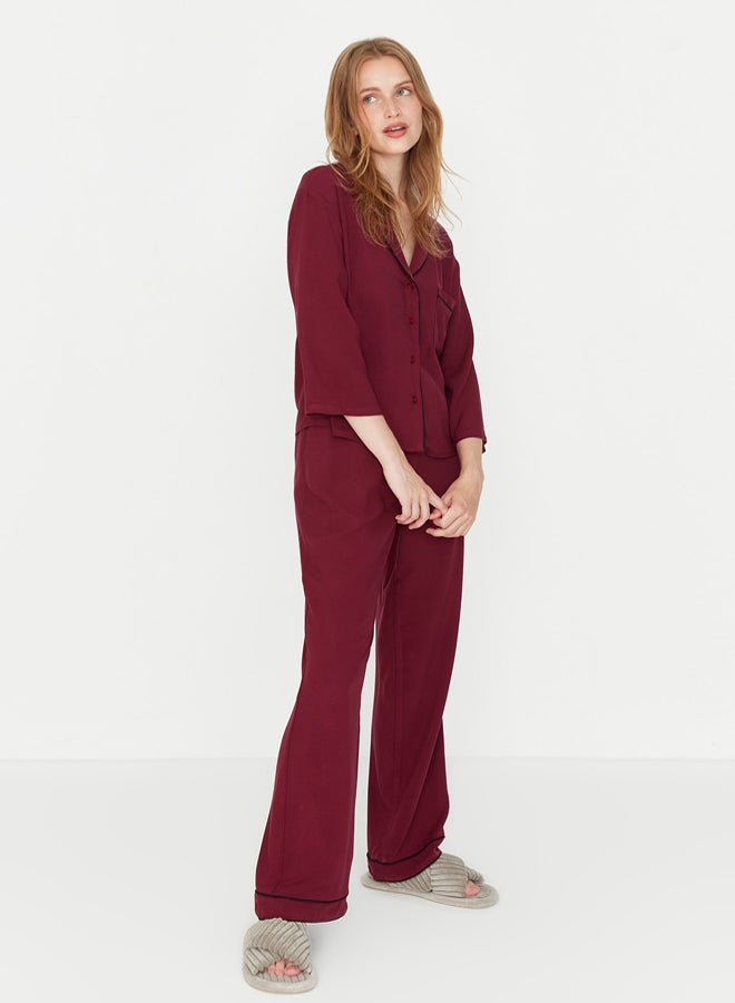 trendyol Burgundy Piping Viscose Woven Pajama Set - Image 3