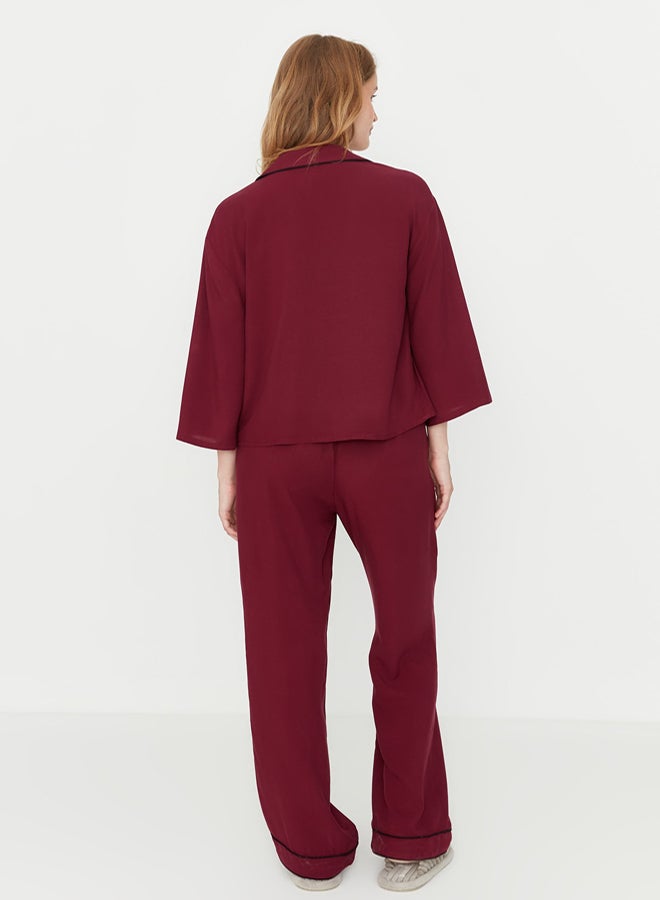 trendyol Burgundy Piping Viscose Woven Pajama Set - Image 5