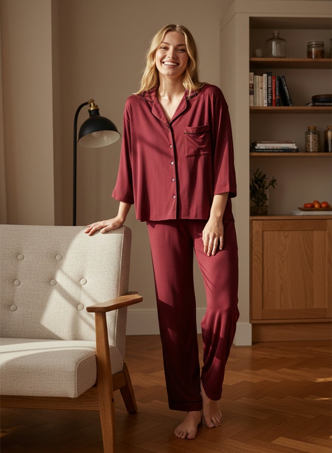 trendyol Burgundy Piping Viscose Woven Pajama Set - Image 1