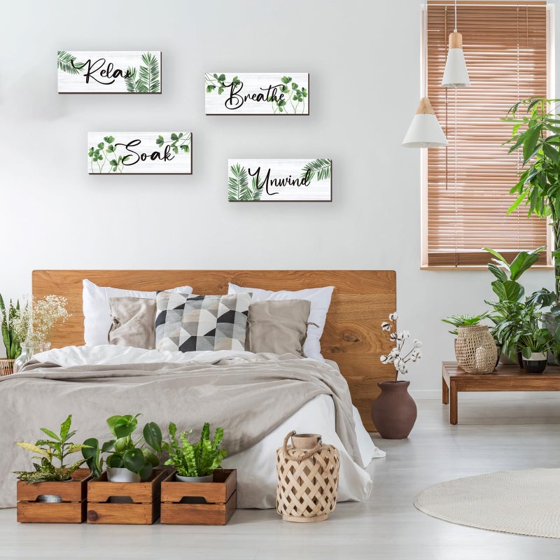 ONIZHITY 4 Pcs Farmhouse Bathroom Wall Decors Relax Soak Unwind Breathe Wooden Word Sign Green Hanging Wall Art Rustic Office Wall Decor for Bedroom Living Room Vintage Decorations(Green Leaves 10X4 Inch) - Image 2