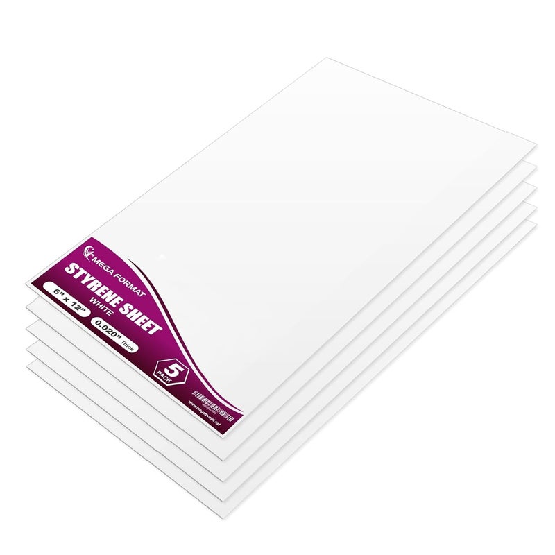 MEGA FORMAT White Polystyrene Flexible Plastic Board Sheet 6" x 12" (.020 Thick) Styrene Sheet, Ideal for Modeling Projects, Displays, Plastic Sheets for Crafts, Styrene Sheets Durable Plastic Sheet (5-Pack) - Image 1