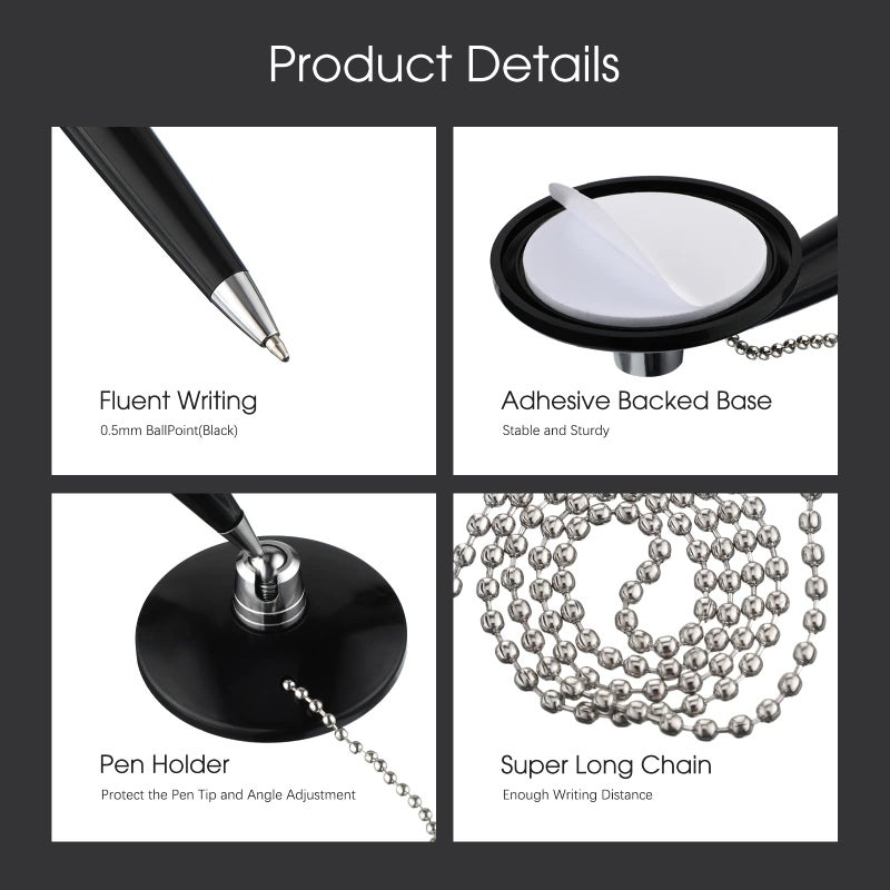 Zonon قلم زونون 12 قطعة مع سلسلة حامل قلم أمان مع قاعدة لاصقة وحبر أسود لمكتب الاستقبال والبنك والعمل والفندق والمدرسة والمتاجر ومستلزمات المنزل - Image 3