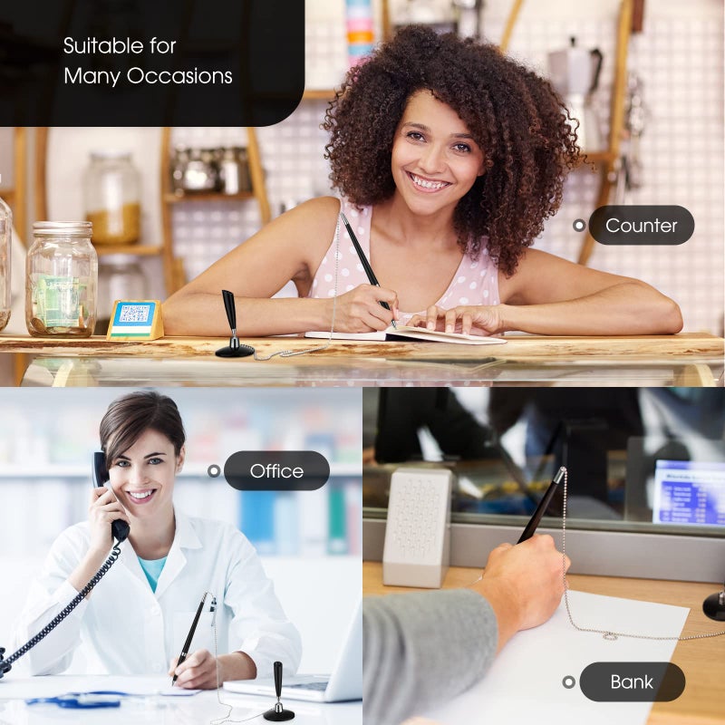 Zonon قلم زونون 12 قطعة مع سلسلة حامل قلم أمان مع قاعدة لاصقة وحبر أسود لمكتب الاستقبال والبنك والعمل والفندق والمدرسة والمتاجر ومستلزمات المنزل - Image 5