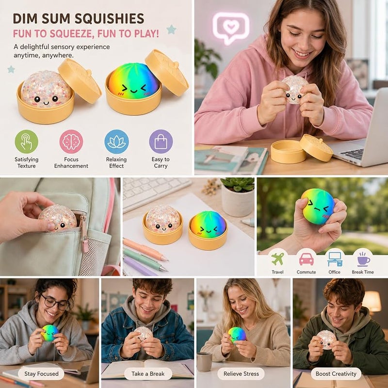 2 Pack Mystery Dumpling Squishies with Food Steamer Box,Colorful Squishies Dumpling Stress Relief Balls,Sensory Fidget Squeeze Toys Cute Desk Toy - Image 2