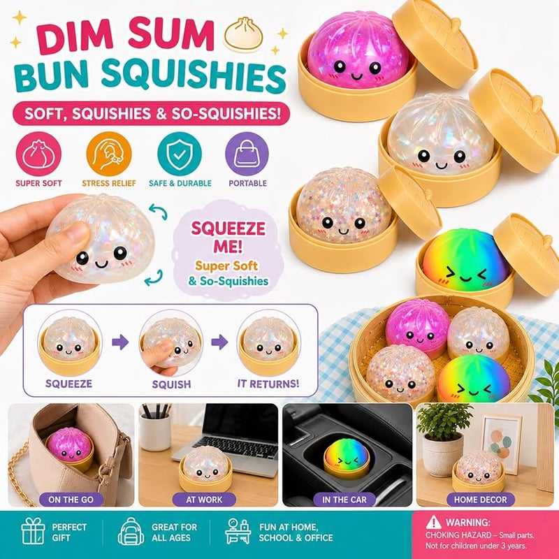 2 Pack Mystery Dumpling Squishies with Food Steamer Box,Colorful Squishies Dumpling Stress Relief Balls,Sensory Fidget Squeeze Toys Cute Desk Toy - Image 3