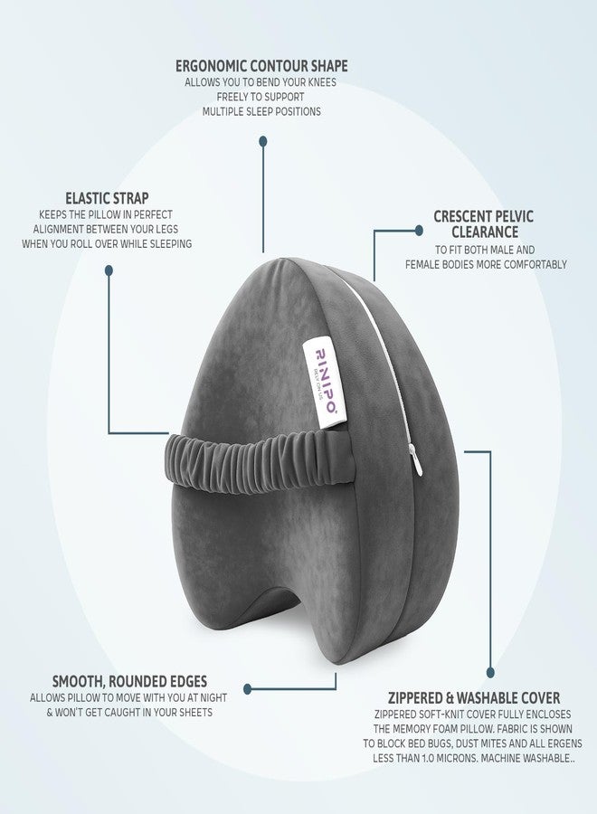 RINIPO Orthopedic Knee Pillow for Side Sleeping - (Grey), Adjustable Strap, Memory Foam Washable Zip Cover, Relief, Hip, Back & Knee Support, Knock Knee Pillow for Leg Support - 6 Month Warranty - Image 3