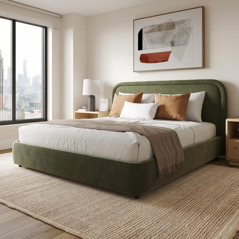 Modern Upholstered Bed Frame with Padded Curved Headboard - Olive Green, King Size (180x200cm without Mattress) - Image 1