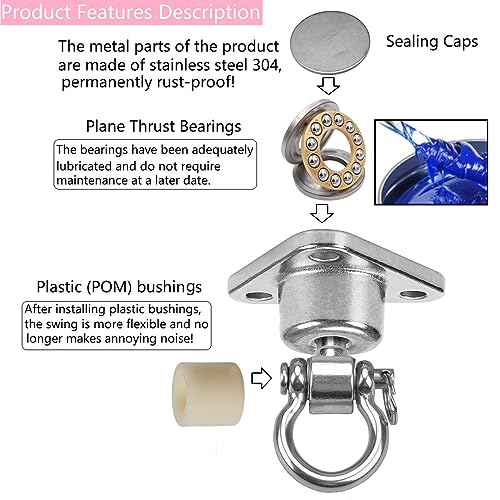 GW Gwongvvei Silent Bearing Swing Hanger Heavy Duty SUS Rust Proof 1500LB Capacity 360 Degree Rotation Playground Porch Yoga Sandbag Gym 3 Wooden Screws - Image 5
