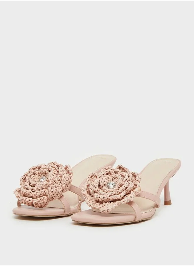 Styli Floral Corsage Slip On Kitten Heel Sandals