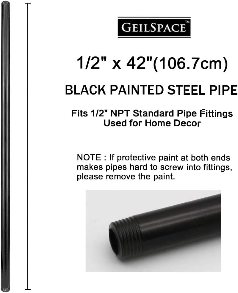 GeilSpace 6 Pack 1/2" × 42" Pre-Cut Black Metal Pipe, Industrial Steel Fits Standard Half Inch Black Threaded Pipes and Fittings - Vintage DIY Industrial Shelving (1/2" × 42") - Image 1