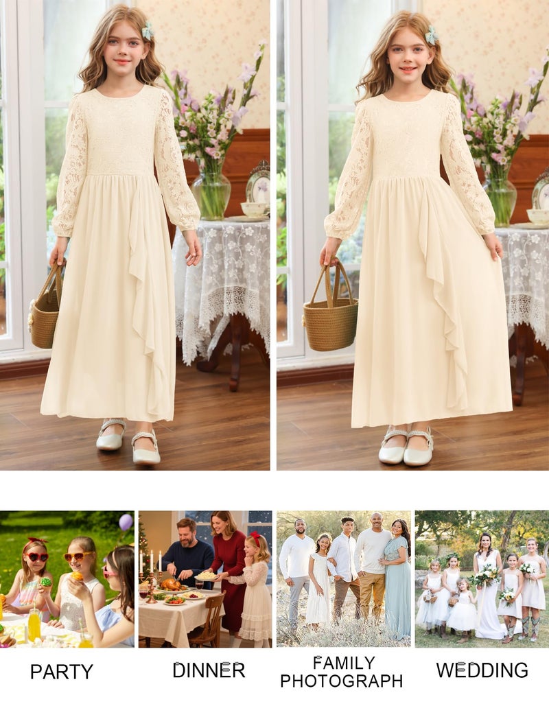 MITILLY Girls Fall Long Sleeve Maxi Dress Vintage Lace Chiffon A-Line Ruffle Flowy Flower Girl Dresses for Wedding Party 12 Years Apricot - Image 5