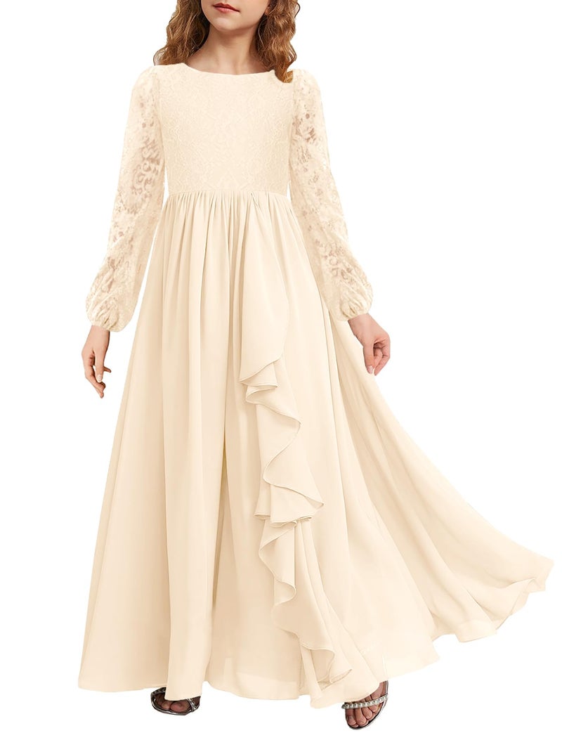 MITILLY Girls Fall Long Sleeve Maxi Dress Vintage Lace Chiffon A-Line Ruffle Flowy Flower Girl Dresses for Wedding Party 12 Years Apricot - Image 1