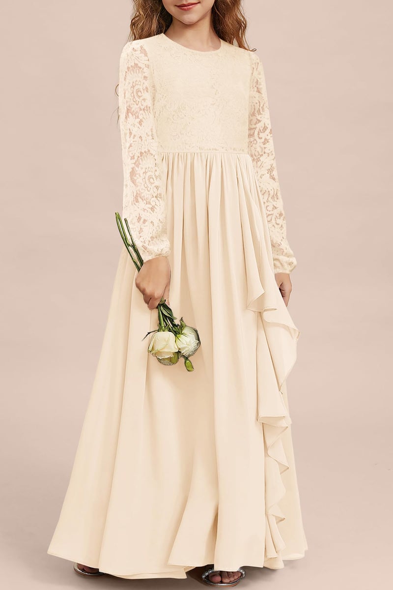 MITILLY Girls Fall Long Sleeve Maxi Dress Vintage Lace Chiffon A-Line Ruffle Flowy Flower Girl Dresses for Wedding Party 12 Years Apricot - Image 2