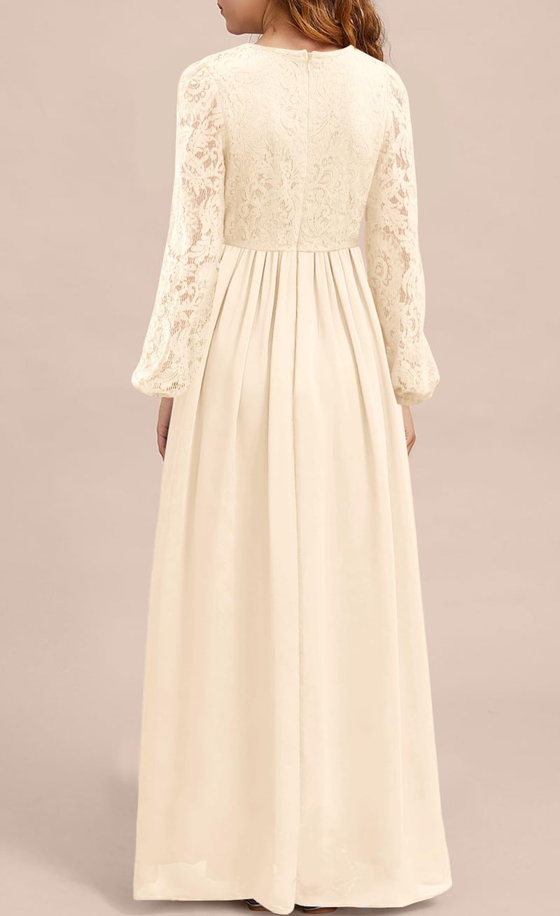 MITILLY Girls Fall Long Sleeve Maxi Dress Vintage Lace Chiffon A-Line Ruffle Flowy Flower Girl Dresses for Wedding Party 12 Years Apricot - Image 4