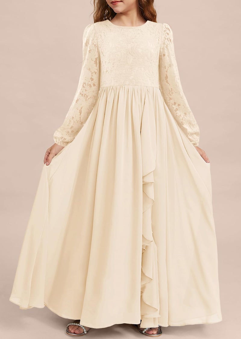 MITILLY Girls Fall Long Sleeve Maxi Dress Vintage Lace Chiffon A-Line Ruffle Flowy Flower Girl Dresses for Wedding Party 12 Years Apricot - Image 3