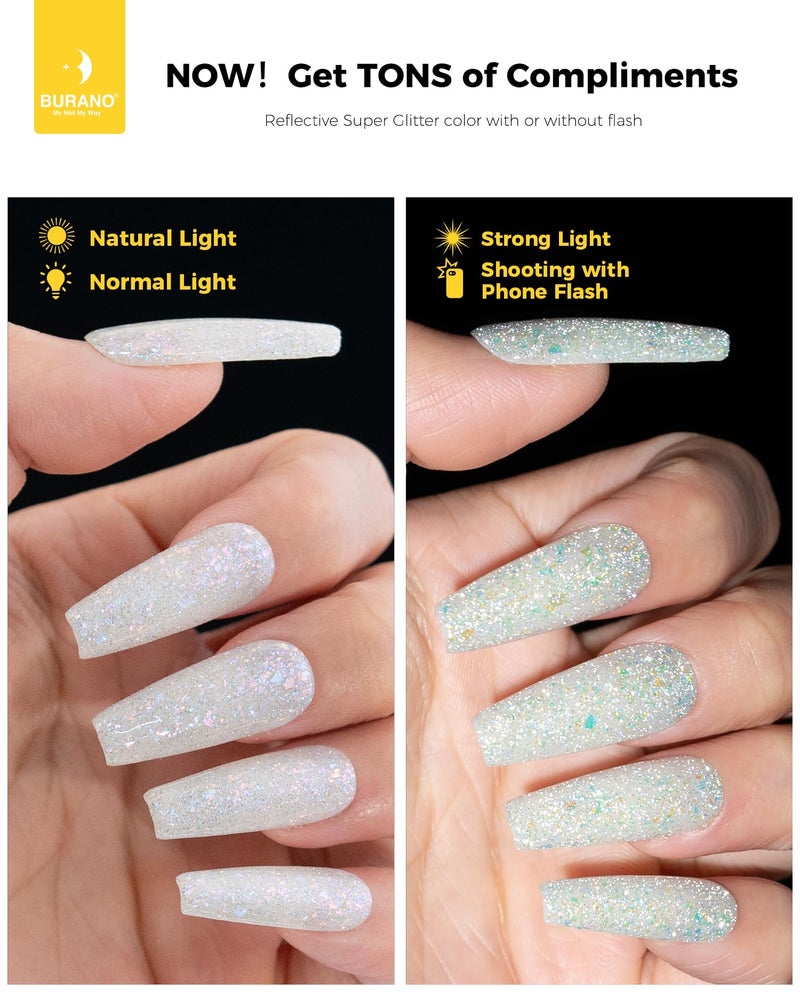 BURANO Holographic Gel Polish, Reflective Glitter Gel Polish 7.3ml UV LED White Silver Glitter Gel Nail Polish for Home DIY, Diamond Gel Nail Polish Curing Required (YH11) - Image 4