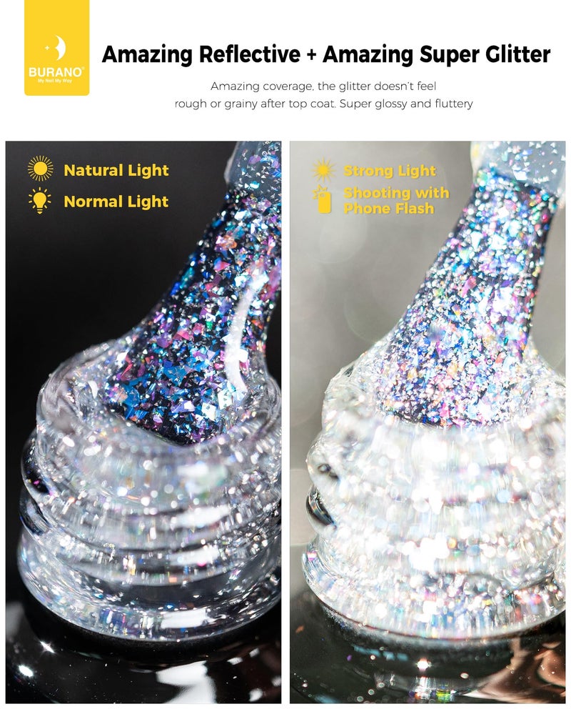 BURANO Holographic Gel Polish, Reflective Glitter Gel Polish 7.3ml UV LED White Silver Glitter Gel Nail Polish for Home DIY, Diamond Gel Nail Polish Curing Required (YH11) - Image 2