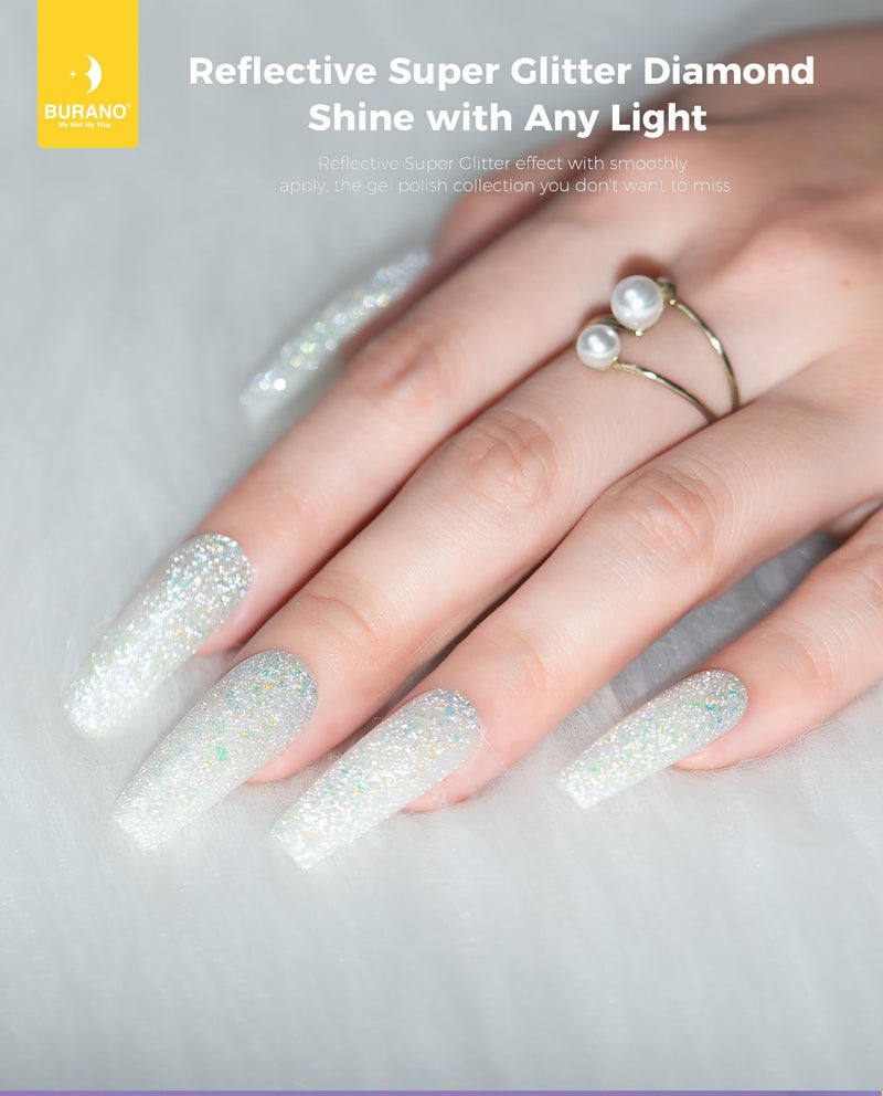 BURANO Holographic Gel Polish, Reflective Glitter Gel Polish 7.3ml UV LED White Silver Glitter Gel Nail Polish for Home DIY, Diamond Gel Nail Polish Curing Required (YH11) - Image 3