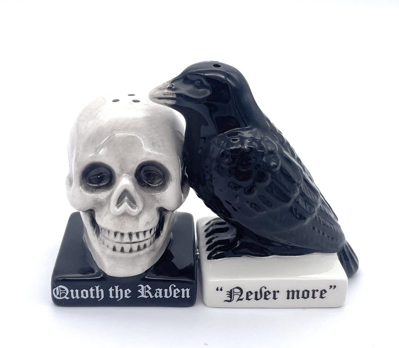 Rustix Quoth The Raven Ceramic Gothic Halloween Decor Cute skull Horror Salt and Pepper Shaker Set Scary Spooky and witchy Gift Fall Season Decor for Kitchen