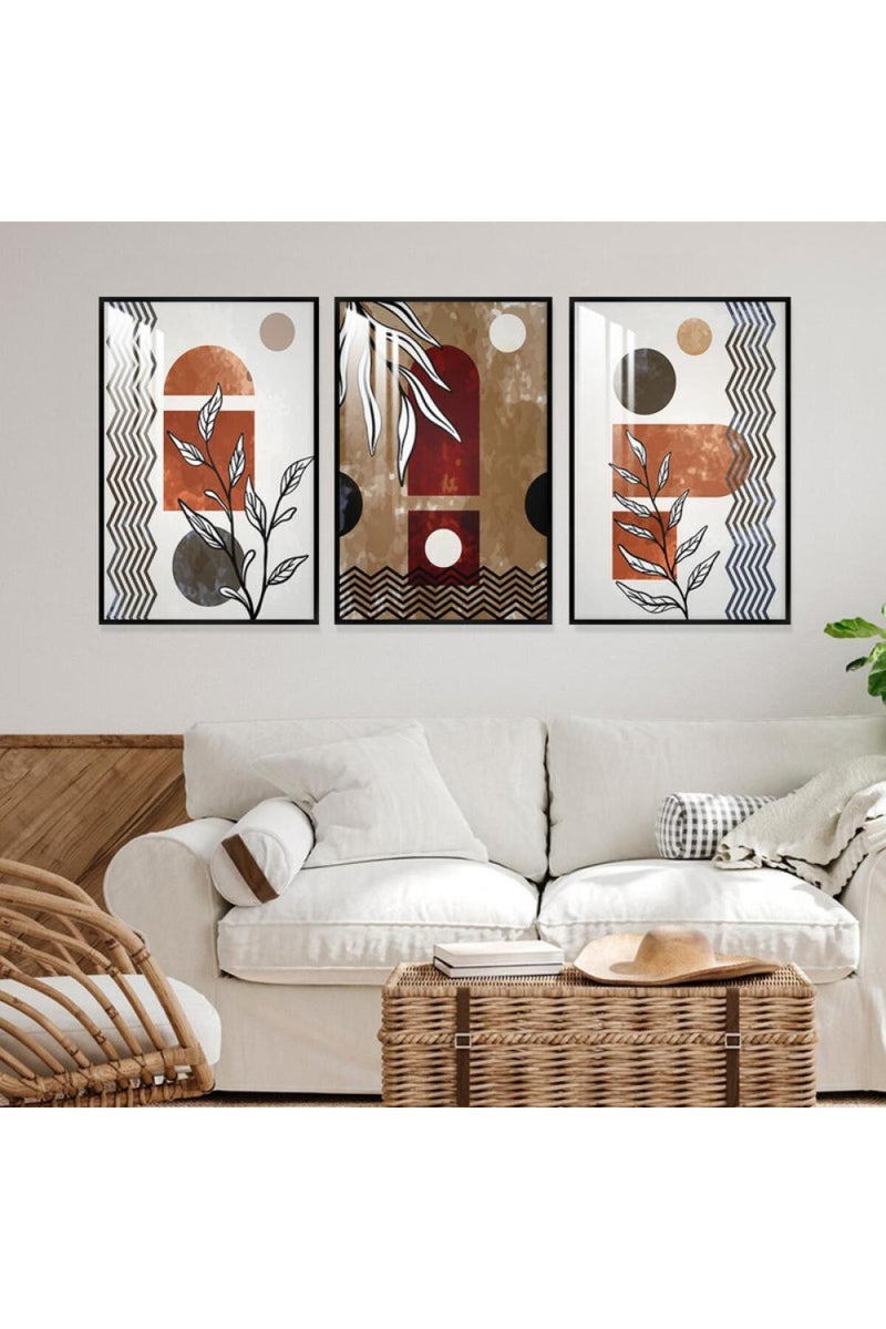 ماركتنا ثلاث لوحات جدارية خشبية بتصميم فني بوهيمي مع إطار وطبقة أكريليك شفافة. - Image 1