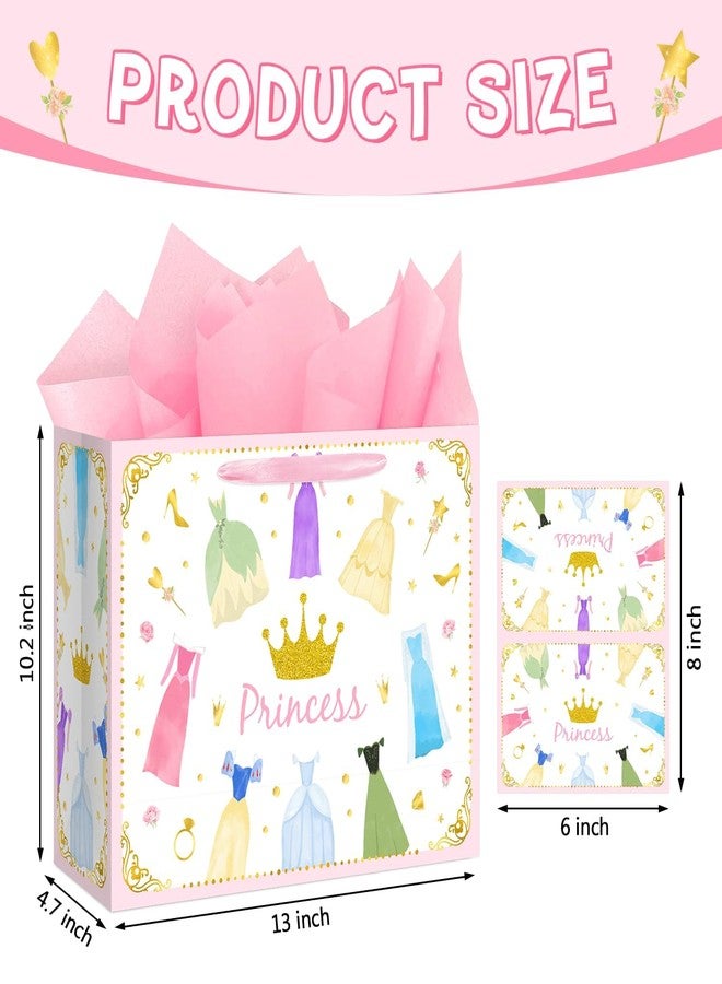 Reyoust 13” Large Princess Themed Gift Bags With Handles and Pink Wrapping Paper Greeting Card Crown Dress Design Gift Bag for Girls Birthday Party Baby shower Decor 1Pcs 13" L x 10.2" H x 4.9" W - Image 2