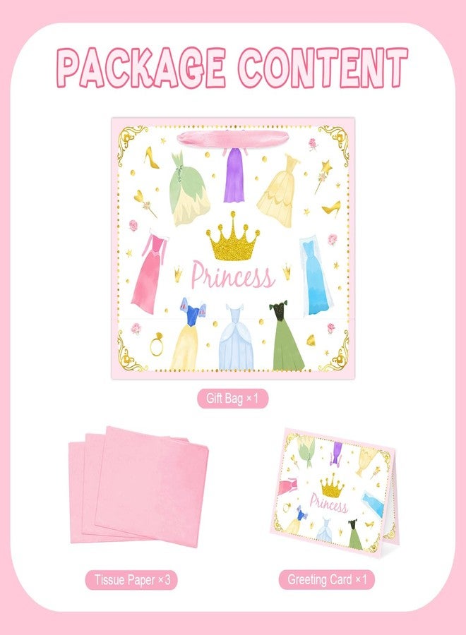 Reyoust 13” Large Princess Themed Gift Bags With Handles and Pink Wrapping Paper Greeting Card Crown Dress Design Gift Bag for Girls Birthday Party Baby shower Decor 1Pcs 13" L x 10.2" H x 4.9" W - Image 3