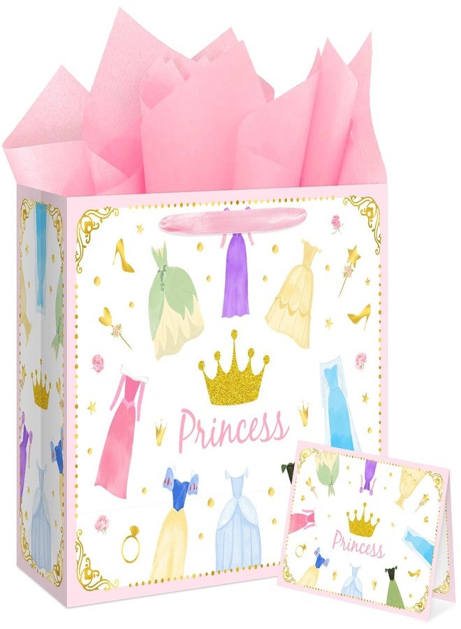 Reyoust 13” Large Princess Themed Gift Bags With Handles and Pink Wrapping Paper Greeting Card Crown Dress Design Gift Bag for Girls Birthday Party Baby shower Decor 1Pcs 13" L x 10.2" H x 4.9" W - Image 1