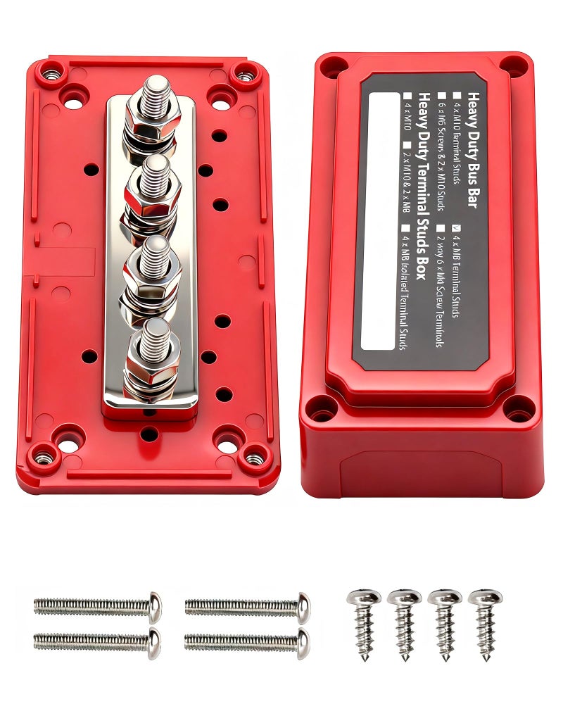 Jamgoer 300A Bus Bar Heavy Duty Module Design Power Distribution Block 12V 24V 48V DC Waterproof Busbar Box with 4X M8516 Terminal Studs for Battery Marine Automotive RV Car Truck Red