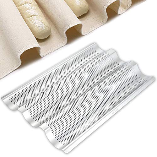 AYCCNH Stainless Steel Perforated French Baguette Bread Pan 3 Waves Toaster Oven Baking Tray (15"x10") with Large Bread Proofing Cloth (17.7" x 30.3") - Image 1