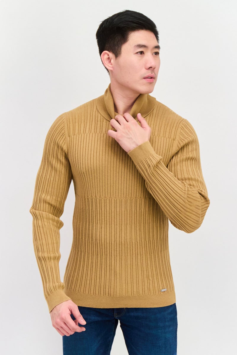 HUGO BOSS Men Turtle Neck Ribbed Sweatshirt, Tan  - Image 1