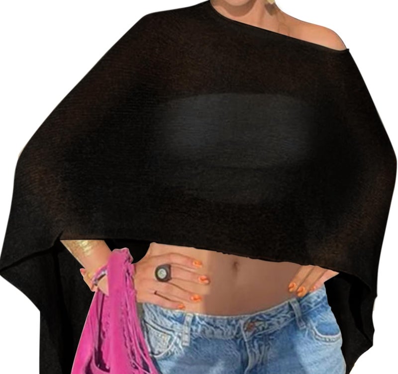Vicarly Drop Shoulder Sheer Crochet Vacation Outfit Poncho Sweater Top Summer Beach Coverup Women See Though Thru Festival Tropical Shawls Bolero Shrug Rave Resort GoingOut Wear Swimsuit Black Medium