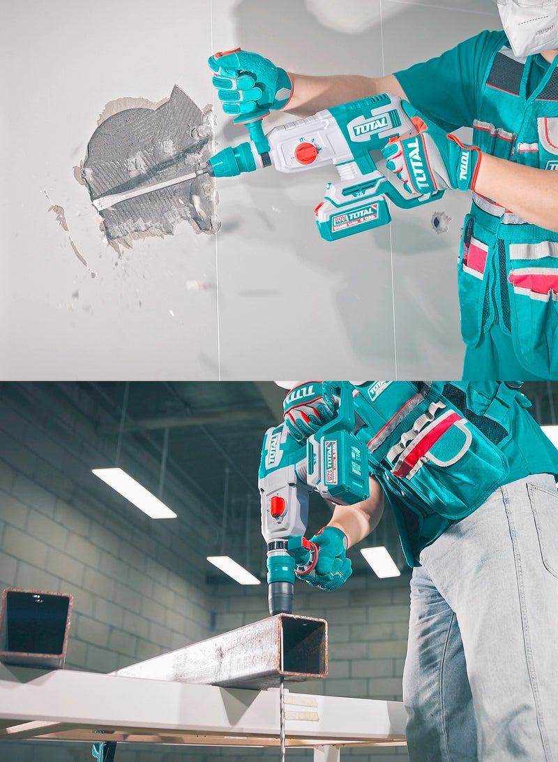 توتال مثقاب مطرقي دوّار لاسلكي من توتال بجهد ٢٠ فولت، مزوّد بمحرك بدون فحمات، بقدرة حفر في الخرسانة حتى ٢٦ ملم، مع ظرف SDS بلس، وأربع وظائف تشغيل، ويأتي مع بطاريتين ليثيوم-أيون سعة ٤٫٠ أمبير-ساعة، وشاحن، ولقم حفر، وإزميل، وحقيبة حمل - Image 2