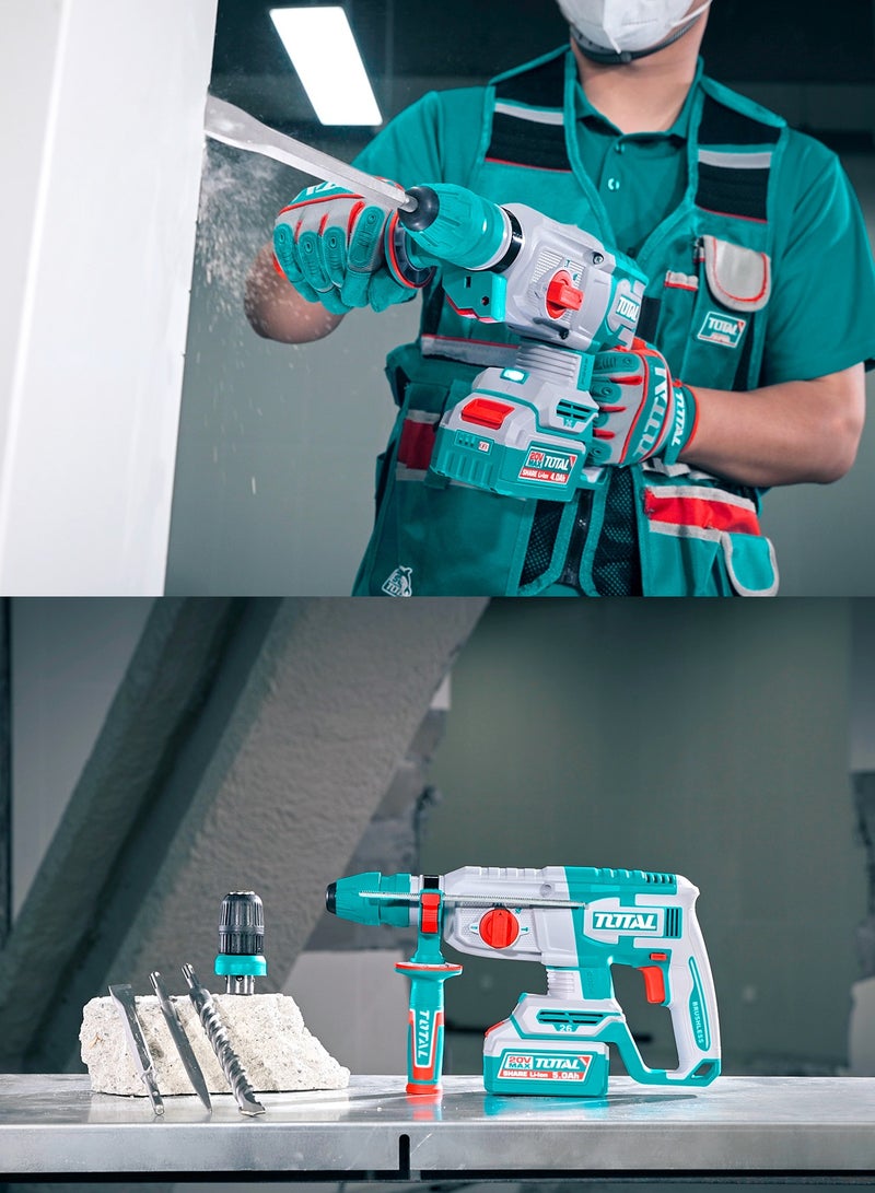 توتال مثقاب مطرقي دوّار لاسلكي من توتال بجهد ٢٠ فولت، مزوّد بمحرك بدون فحمات، بقدرة حفر في الخرسانة حتى ٢٦ ملم، مع ظرف SDS بلس، وأربع وظائف تشغيل، ويأتي مع بطاريتين ليثيوم-أيون سعة ٤٫٠ أمبير-ساعة، وشاحن، ولقم حفر، وإزميل، وحقيبة حمل - Image 3