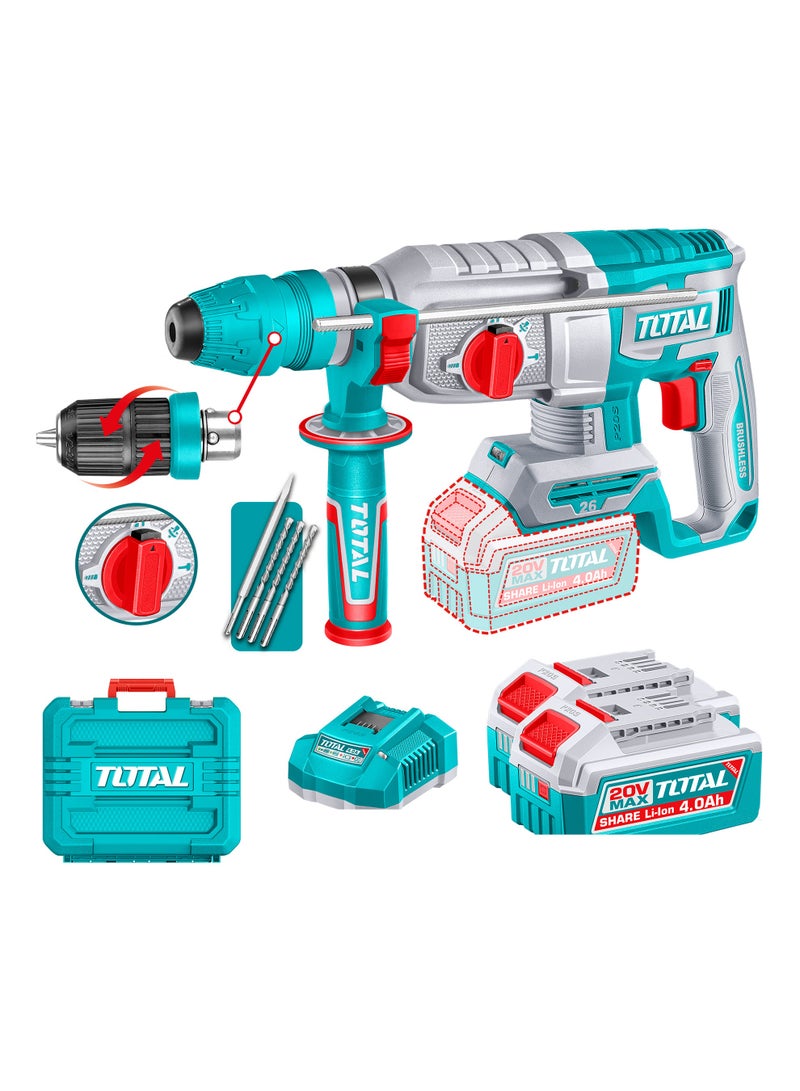 توتال مثقاب مطرقي دوّار لاسلكي من توتال بجهد ٢٠ فولت، مزوّد بمحرك بدون فحمات، بقدرة حفر في الخرسانة حتى ٢٦ ملم، مع ظرف SDS بلس، وأربع وظائف تشغيل، ويأتي مع بطاريتين ليثيوم-أيون سعة ٤٫٠ أمبير-ساعة، وشاحن، ولقم حفر، وإزميل، وحقيبة حمل - Image 1