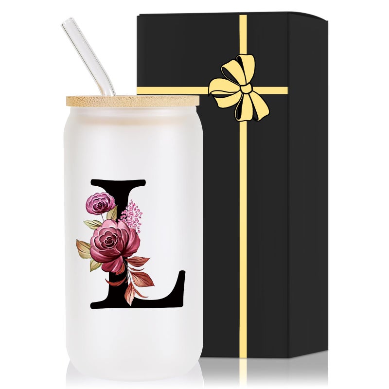 Wulcea Monogrammed Glass Drinking Cup With Lid Straw Women Lady Boss Coworker Colleague Manager Team Member Employee Gifts Executive Assistant Inter Birthday Farewell Leaving Retirement Christmas,L - Image 1