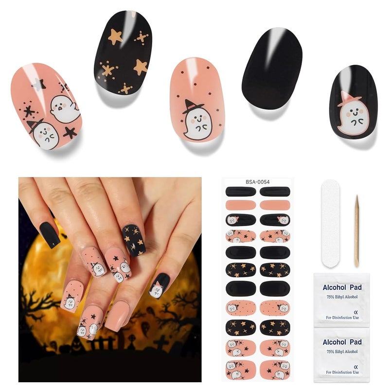DUKASOU Halloween Gel Nail Stickers, No UV Light Needed, 22pc Set, Wraps for Women, Salon Quality, Includes Prep Pads, Nail File & Wood Stick (Ghosts)
