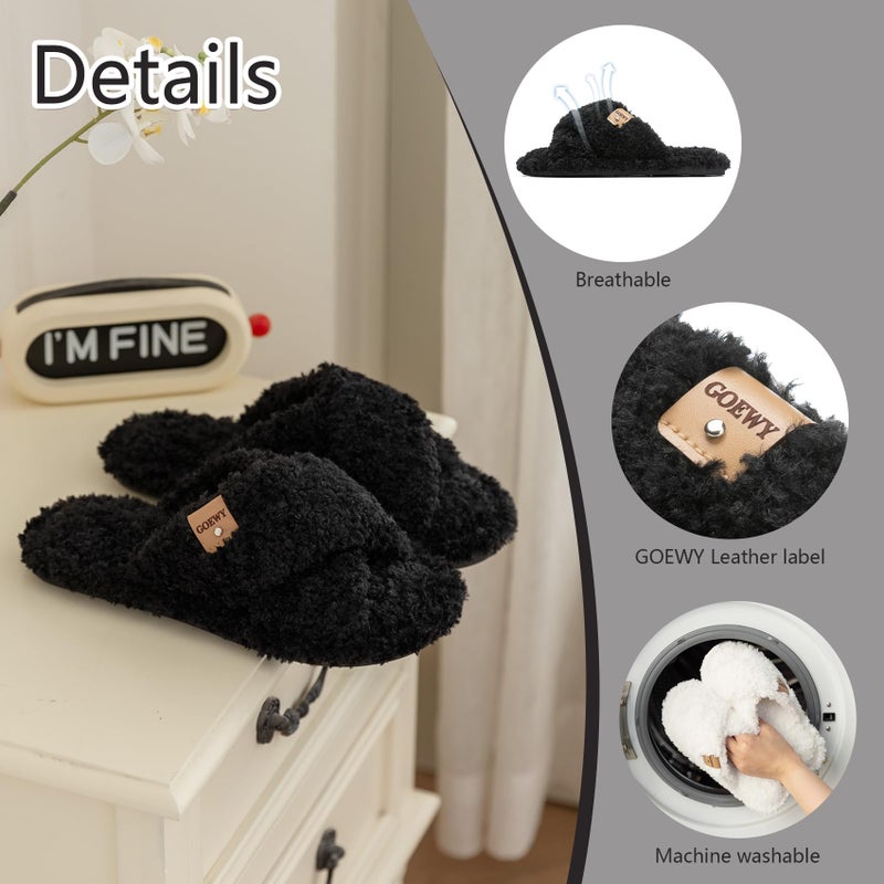 GOEWY Fuzzy Open Toe Slippers for Women Indoor and Outdoor with Memory Foam Cozy Cross Band Cute Slipper Soft House Shoes Slides Slip On Gifts for Women Mom Her Ladies Bridesmaid Black - Image 4