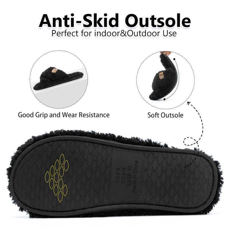 GOEWY Fuzzy Open Toe Slippers for Women Indoor and Outdoor with Memory Foam Cozy Cross Band Cute Slipper Soft House Shoes Slides Slip On Gifts for Women Mom Her Ladies Bridesmaid Black - Image 5