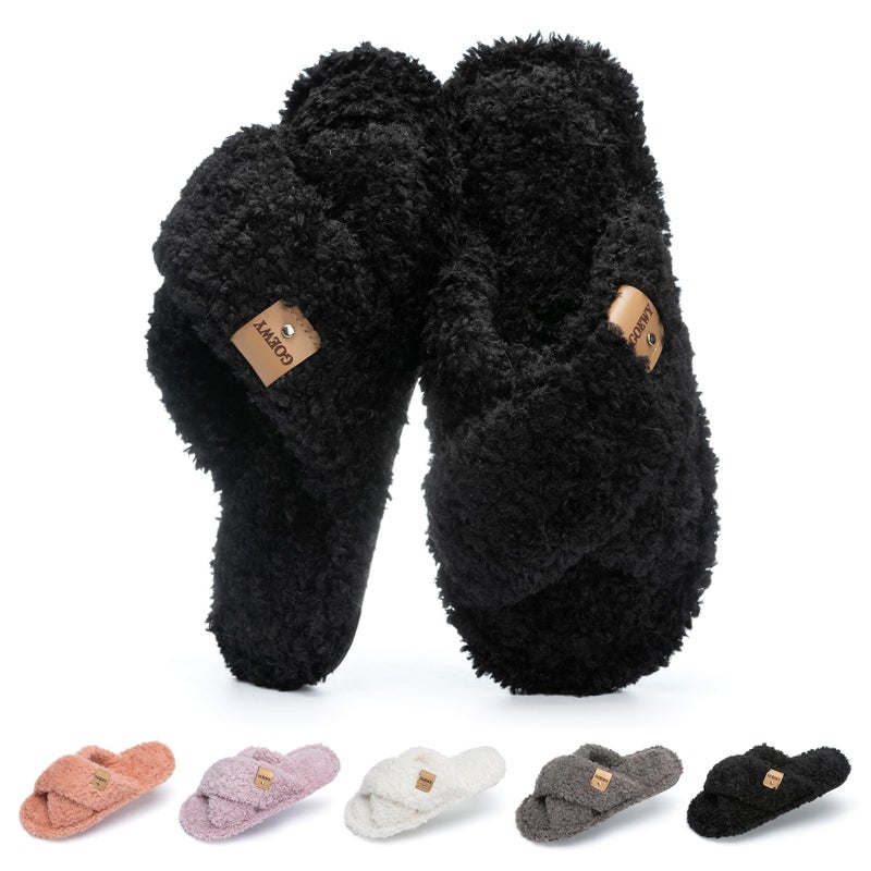 GOEWY Fuzzy Open Toe Slippers for Women Indoor and Outdoor with Memory Foam Cozy Cross Band Cute Slipper Soft House Shoes Slides Slip On Gifts for Women Mom Her Ladies Bridesmaid Black - Image 1