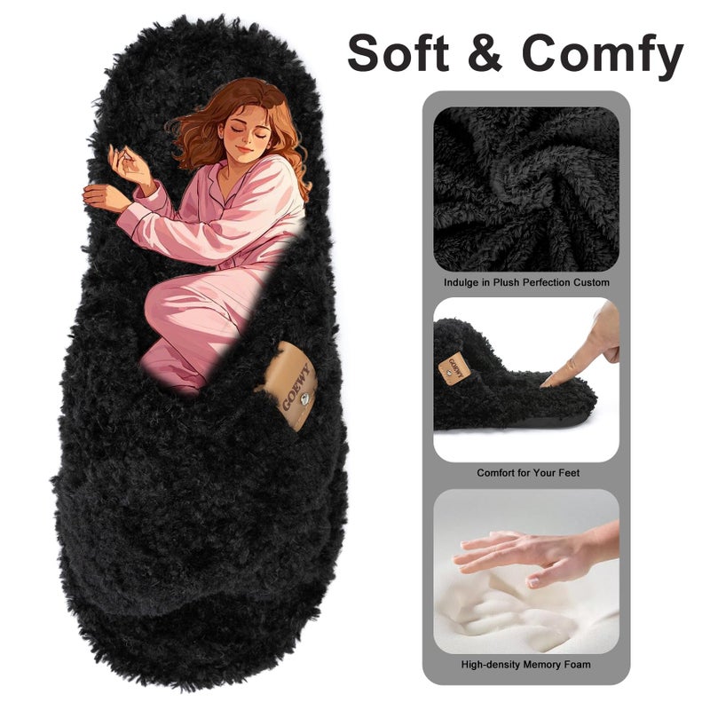 GOEWY Fuzzy Open Toe Slippers for Women Indoor and Outdoor with Memory Foam Cozy Cross Band Cute Slipper Soft House Shoes Slides Slip On Gifts for Women Mom Her Ladies Bridesmaid Black - Image 3