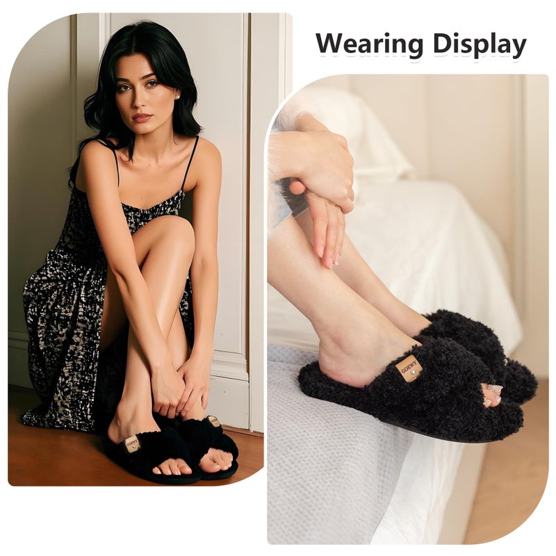 GOEWY Fuzzy Open Toe Slippers for Women Indoor and Outdoor with Memory Foam Cozy Cross Band Cute Slipper Soft House Shoes Slides Slip On Gifts for Women Mom Her Ladies Bridesmaid Black - Image 2